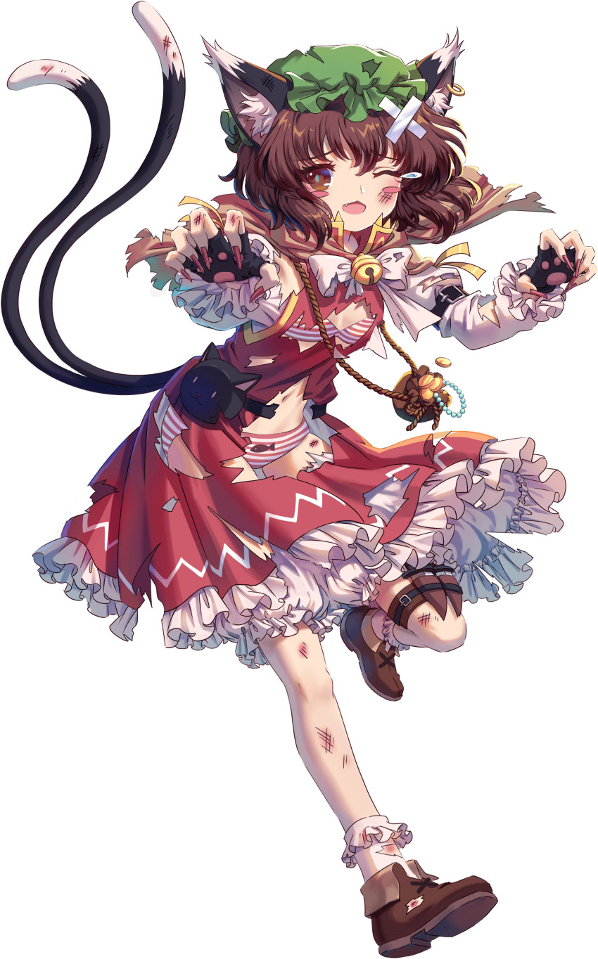 1girl absurdres adapted_costume animal_ear_fluff animal_ears animal_hands animal_print arm_belt bell belt black_belt black_cat black_gloves boots bra brown_bag brown_boots brown_cape brown_eyes brown_hair cape cat cat_ears cat_tail chen coin crossed_bandaids dagger dress earrings fang fingerless_gloves fingernails fish_print frilled_dress frilled_sleeves frilled_socks frills full_body game_cg gloves green_hat hat highres holster injury jewelry jingle_bell juliet_sleeves knife kumio long_fingernails long_sleeves mob_cap nail_polish non-web_source one_eye_closed panties paw_gloves pink_bra pink_panties puffy_sleeves red_dress red_nails ribbon shirt short_hair socks solo striped_bra striped_clothes striped_panties tachi-e tail teardrop thigh_holster torn_boots torn_clothes torn_dress torn_footwear torn_hat torn_ribbon torn_shirt torn_socks touhou touhou_blooming_chaos underwear weapon white_bra white_panties white_ribbon white_shirt white_socks yellow_ribbon