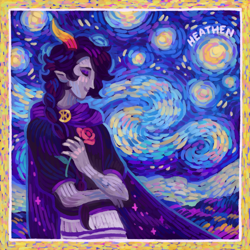 1girl black_hair blue_background blue_sky border braid cape closed_eyes closed_mouth colored_skin commentary cowboy_shot crescent_moon english_commentary english_text eyeshadow flower grey_skin hair_over_shoulder highres holding holding_flower homestuck horns impressionism inset_border long_hair makeup moon night night_sky orange_horns outdoors pointy_ears profile purple_cape purple_eyeshadow purple_hair purple_shirt purple_skirt red_flower red_rose rose shirt skirt sky smile solo standing star_(sky) starry_night_(van_gogh) starry_sky three-quarter_sleeves troll_(homestuck) very_long_hair white_border xamag yellow_border