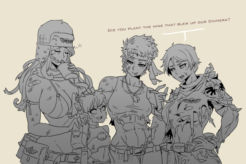 4girls abs ammunition_pouch astra_militarum bandana catachan_jungle_fighter crop_top crying dog_tags drinking english_text flask fur_hat hat highres midriff multiple_girls muscular muscular_female pouch rmulderz shoulder_tattoo size_difference skull t&#039;au tank_top tattoo tongue tongue_out torn_clothes ushanka warhammer_40k