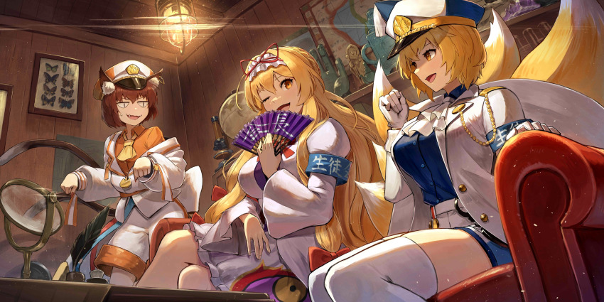 3girls alternate_costume alternate_hairstyle animal_ear_fluff animal_ear_piercing animal_ears animal_hat armband ascot blonde_hair blue_armband blue_shirt bow braid breasts brown_hair bug butterfly cat_ears cat_tail ceiling_light chen chen_(calm_and_composed_secretary) coat collared_shirt collection commentary couch crossed_legs crown_braid emblem english_commentary fang flame_print folding_fan fox_tail frilled_skirt frills game_cg globe hair_between_eyes hair_bow hair_ribbon hand_fan hat highres indoors insect jacket jewelry kuroi_susumu large_breasts layered_clothes light_particles light_trail long_hair long_sleeves looking_at_another looking_at_viewer map microscope military_uniform miniskirt multiple_girls multiple_tails official_art on_couch one_eye_closed open_clothes open_jacket open_mouth orange_shirt paw_pose quill red_bow ribbon sailor sailor_hat seashell shell shiny_clothes shirt short_hair shorts sidelocks sitting skirt slit_pupils smile sparkle sweatdrop tail talking taut_clothes taut_shirt thighhighs third-party_source touhou touhou_lostword tube two_tails very_long_hair wavy_mouth white_ascot white_coat white_hat white_shirt white_shorts white_skirt white_thighhighs wide_sleeves yakumo_ran yakumo_ran_(elegant_vice_president) yakumo_yukari yakumo_yukari_(gorgeous_student_president) yellow_ascot yellow_eyes yin_yang yin_yang_print