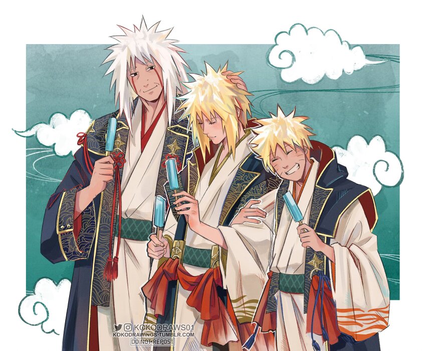 3boys artist_name blonde_hair food happy highres ice_cream jiraiya_(naruto) kokodrawings long_hair male_focus multiple_boys namikaze_minato naruto_(classic) naruto_(series) signature smile teacher_and_student twitter_username uzumaki_naruto white_hair