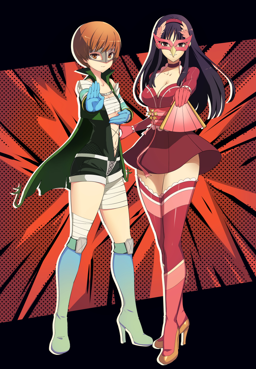 2girls abstract_background absurdres accessories alternate_costume amagi_yukiko boots breasts cape cleavage cleavage_cutout clothing_cutout commission commissioner_upload crossover eudetenis feather-trimmed_sleeves feathers female_focus flat_chest folding_fan gloves green_outfit hand_fan high_heels highres holding holding_fan jacket large_breasts latex latex_legwear latex_suit looking_at_viewer mask masquerade_mask midriff multiple_girls navel navel_cutout open_hand paper_fan persona persona_4 persona_5 phantom_thief pink_outfit red_background reverse_trap satonaka_chie shin_megami_tensei shy size_difference skirt smile stomach_cutout thigh_boots thighhighs tomboy torn_cape torn_clothes wrappings