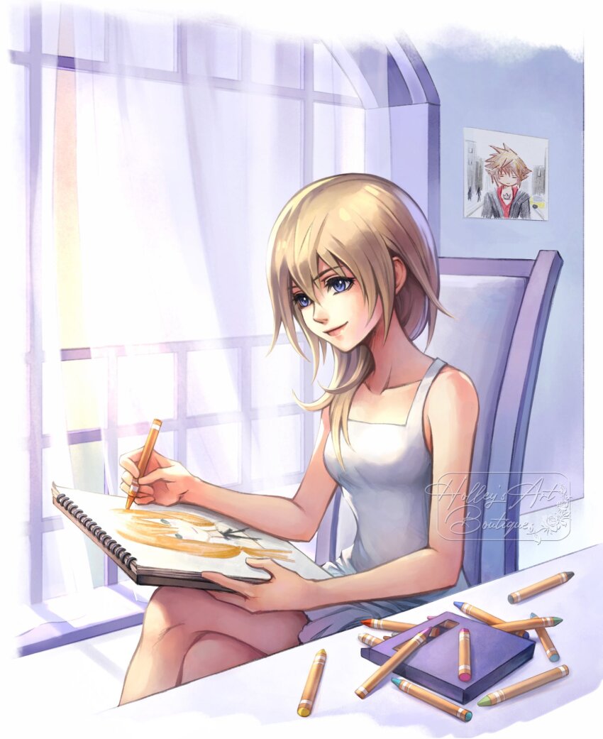 1girl artist_name bare_shoulders blue_eyes chair closed_mouth commentary crossed_legs curtains drawing_(action) dress english_commentary hair_between_eyes highres holding holding_notebook hollypolllyy indoors kingdom_hearts kingdom_hearts_ii kingdom_hearts_iv namine notebook paper sitting sleeveless solo sora_(kingdom_hearts) strelitzia_(kingdom_hearts) table white_dress
