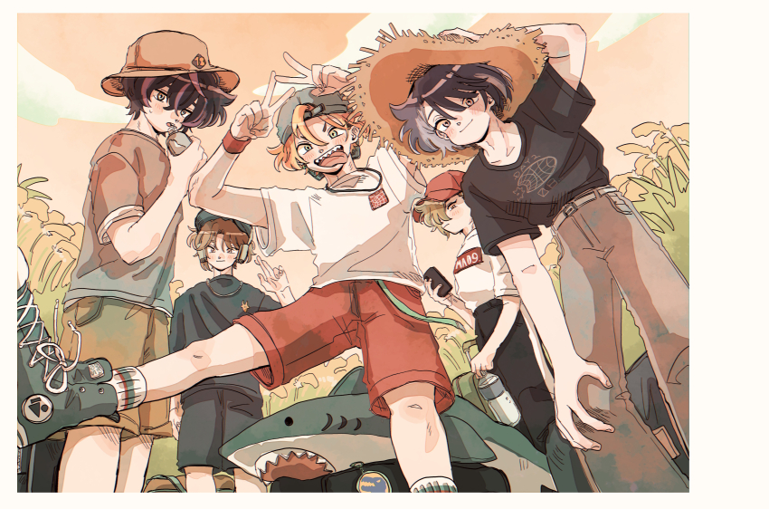 18trip 5boys absurdres baseball_cap black_hair blue_shoes bottle brown_hair chokki_01 double_v green_eyes hair_between_eyes hair_over_one_eye hat headphones highres holding holding_bottle holding_phone isotake_akuta kaguya_muneuji kinugawa_kiroku kurama_ushio looking_at_viewer multicolored_hair multiple_boys nanamegi_nanaki orange_hair phone red_hat red_shorts sharp_teeth shoes shorts smile sneakers straw_hat streaked_hair teeth tongue tongue_out v