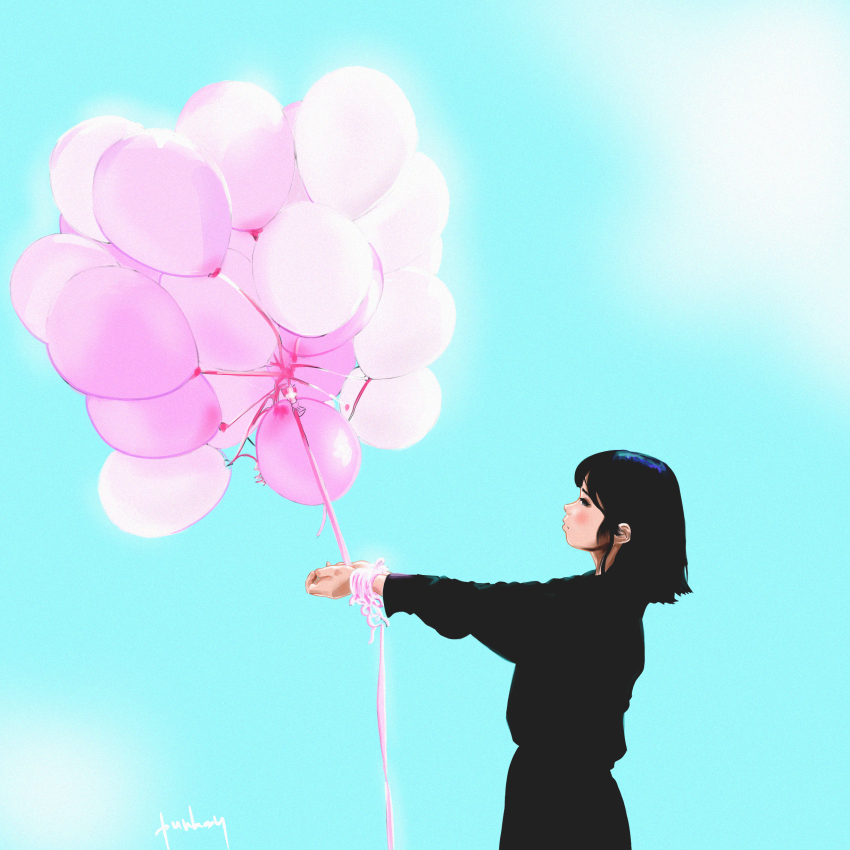 1girl absurdres artist_name balloon black_hair black_shirt black_skirt blue_background bound bound_wrists female_focus highres profile sergey_orlov shirt skirt solo standing