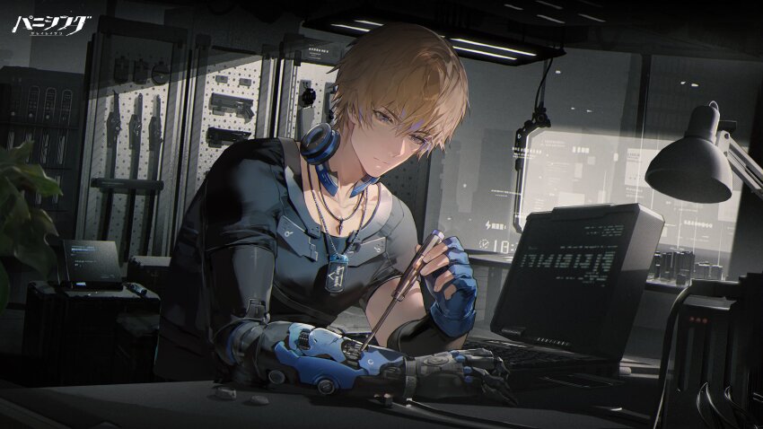 1boy absurdres armory artist_request blue_eyes brown_hair computer computer_keyboard dog_tags gun headphones headphones_around_neck highres lamp lee:_entropy_(pgr) lee_(pgr) male_focus mechanical_arms mechabare monitor official_art plant punishing:_gray_raven repairing screwdriver single_mechanical_arm sword table weapon weapon_rack window