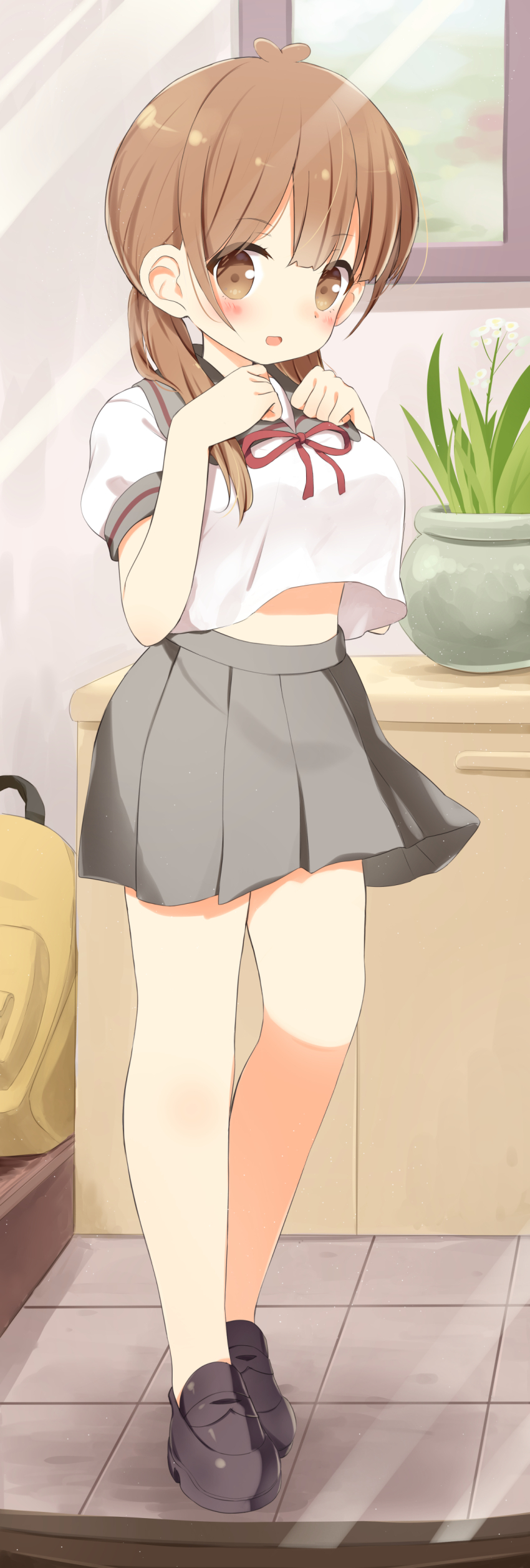 1girl absurdres backpack bag bare_legs breasts brown_eyes clenched_hands hand_on_own_chest highres ichiyo12 large_breasts light_blush light_brown_hair looking_at_viewer medium_hair midriff_peek multicolored_hair open_mouth original plant potted_plant school_uniform serafuku short_sleeves standing streaked_hair tile_floor tiles twintails white_serafuku window