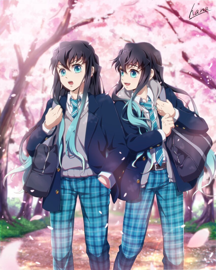 2boys alternate_costume aqua_eyes aqua_hair aqua_necktie aqua_pants bag belt black_bag black_hair black_jacket brothers cherry_blossoms gradient_hair grey_hoodie grey_vest hana_ni_nare highres hood hoodie jacket kimetsu_no_yaiba long_hair long_sleeves male_focus multicolored_hair multiple_boys necktie open_mouth pants school_uniform shoulder_bag siblings smile striped_necktie sweater_vest tokitou_muichirou tokitou_yuichirou twins two-tone_hair vest