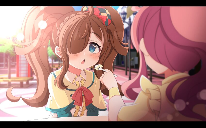 2girls absurdres ahoge aqua_trim bangle ben_awa blue_eyes blue_sky blunt_bangs blurry blurry_background blush bow bowtie bracelet braid brown_hair buttons capelet collared_shirt cowlick crown_braid day depth_of_field diamond-shaped_pupils diamond_(shape) dot_nose feeding food fork from_behind hair_over_one_eye highres holding holding_fork jewelry kiratto_pri_chan lamppost lens_flare momoyama_mirai multiple_girls nijinosaki_dia on_chair one_eye_covered outdoors phone_booth pink_hair pretty_series red_bow shirt sidelocks sitting sky solo_focus sunlight symbol-shaped_pupils table triangle_mouth twintails white_shirt wing_collar yellow_capelet yellow_shirt