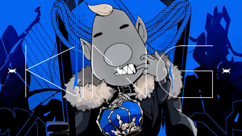 1boy big_nose blue_background blue_theme closed_eyes commentary_request crown fur_collar grin jacket king_(vocaloid) long_sleeves louie_(pikmin) male_focus mohawk nintendo pikmin_(series) pointy_ears rope satou_(ultrmngrtsrt) sharp_teeth short_hair smile solo teeth throne upper_body very_short_hair vocaloid