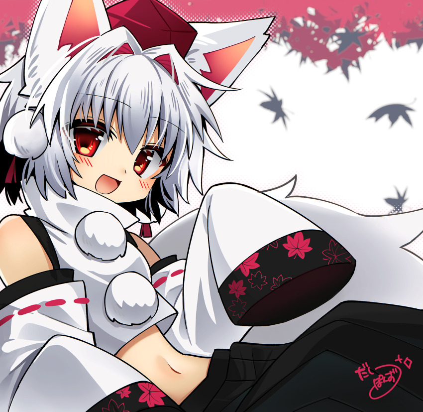 1girl :d animal_ears black_skirt blush commentary_request cowboy_shot detached_sleeves falling_leaves hat highres inubashiri_momiji leaf leaf_print long_sleeves looking_at_viewer maple_leaf maple_leaf_print midriff navel open_mouth pokopoko_ponzu pom_pom_(clothes) red_eyes red_hat ribbon-trimmed_sleeves ribbon_trim shirt short_hair skirt sleeveless sleeveless_shirt sleeves_past_wrists smile solo tail tokin_hat touhou turtleneck turtleneck_shirt white_hair white_shirt white_sleeves wolf_ears wolf_girl wolf_tail