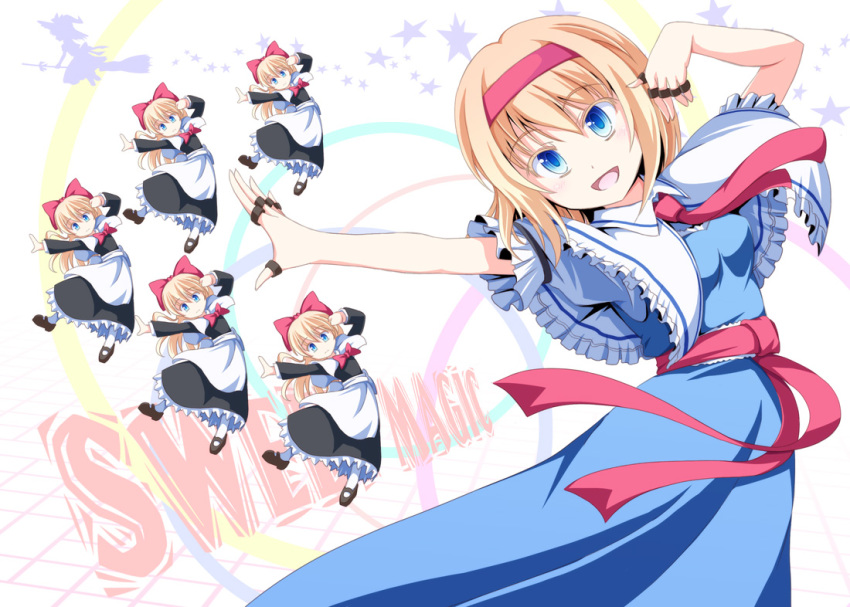 1girl alice_margatroid apron arms_up black_dress blonde_hair blue_dress blue_eyes bow broom broom_riding capelet dancing dress female_focus hair_bow hairband hat jewelry kirisame_marisa long_hair necktie open_mouth ring sash shanghai_doll short_hair silhouette smile solo square-end_necktie star_(symbol) touhou tri white_background witch witch_hat