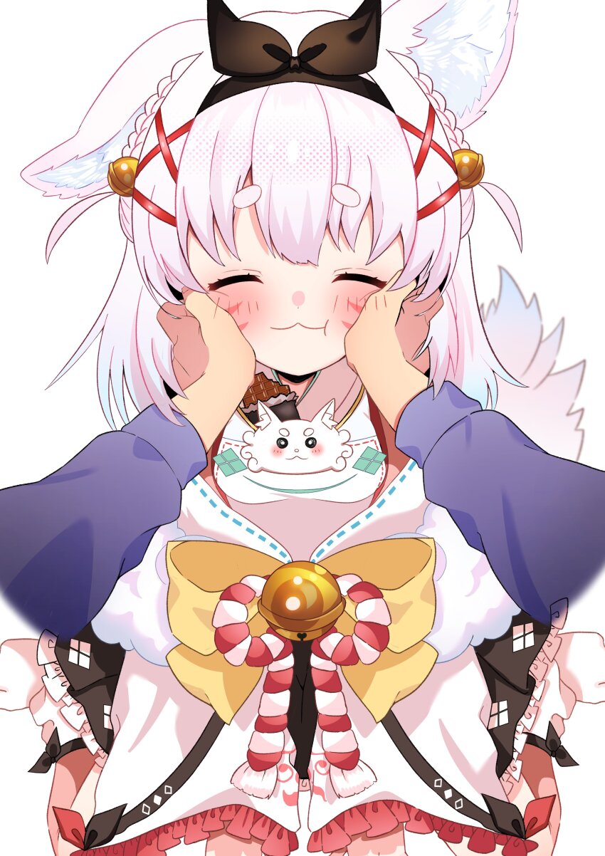 1girl 1other :3 :t absurdres animal_ears bell black_hairband blush bow_hairband cheek_squash commission cowboy_shot dot_nose facing_viewer hair_bell hair_ornament hairband happy highres indie_virtual_youtuber jingle_bell komainu_(vtuber) leaning_forward pov raise_44 second-party_source short_eyebrows simple_background single_floppy_ear solo_focus symmetry tail virtual_youtuber white_background white_hair
