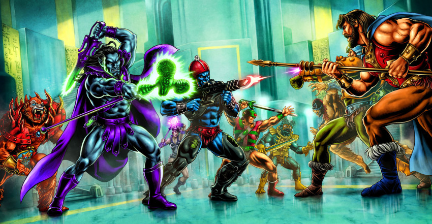 1girl 6+boys alien arm_cannon armor axel-gimenez battle beam_rifle beard beast_man blue_skin box_art cape colored_skin cyborg energy energy_gun evil-lyn facial_hair fantasy fighting_stance franciscoetchart glowing havoc_staff helmet highres keldor king_randor lance magic man-at-arms manly masters_of_the_universe mer-man monster multiple_boys muscular official_art polearm science_fiction skeletor stratos_(motu) sword trap-jaw weapon western_comics_(style) witch wizard