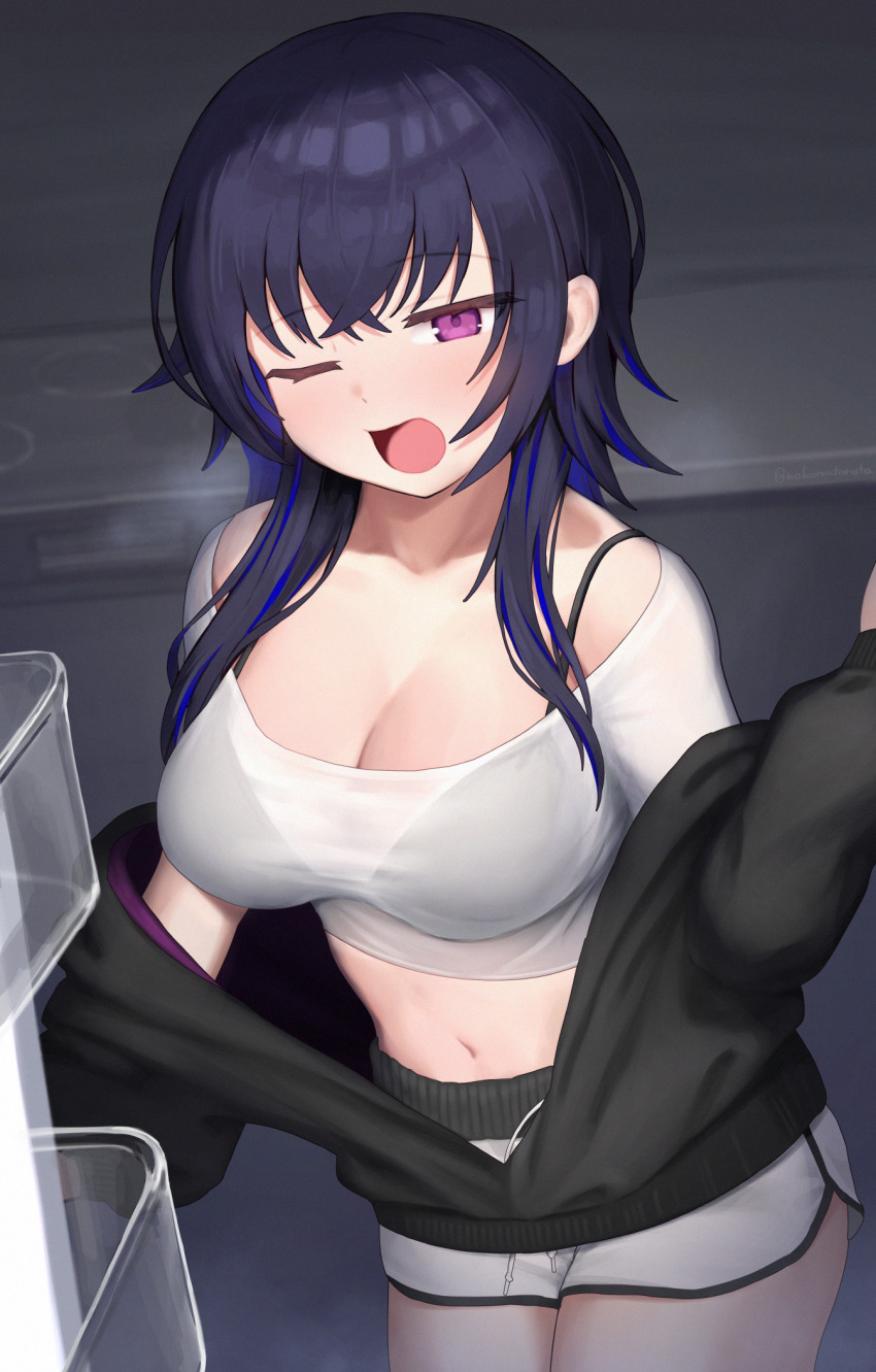 1girl black_bra black_hair black_jacket blue_hair bra bra_visible_through_clothes breasts breath cleavage commentary_request cropped_shirt crossed_bangs highres ichinose_uruha in_container in_refrigerator jacket large_breasts long_hair multicolored_hair navel nokonata one_eye_closed open_mouth purple_eyes refrigerator refrigerator_interior shirt short_shorts shorts sidelocks solo spaghetti_strap streaked_hair underwear virtual_youtuber vspo! white_shirt white_shorts yawning