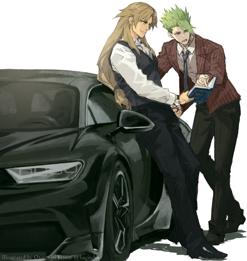 2boys achilles_(fate) achilles_(mentor_and_i)_(fate) black_car black_pants black_vest book brown_hair bugatti_chiron car chiron_(fate) chiron_(mentor_and_i)_(fate) collared_shirt curtained_hair dress_shirt dress_shoes fate/apocrypha fate_(series) green_hair jacket konoe_ototsugu long_hair long_sleeves low-tied_long_hair motor_vehicle multiple_boys necktie pants pointing shirt sports_car striped_clothes striped_jacket teacher_and_student vertical-striped_clothes vertical-striped_jacket vest watch white_shirt wristwatch