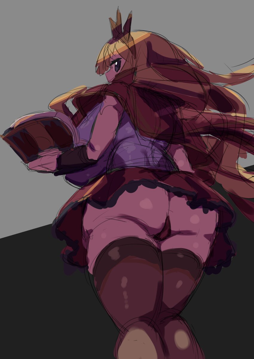 1girl absurdres akan_mori ass book breasts cagliostro_(granblue_fantasy) crown female_focus granblue_fantasy grey_background highres holding holding_book huge_ass huge_breasts long_hair looking_at_viewer panties red_panties sketch solo standing thick_thighs thighhighs thighs underwear zettai_ryouiki