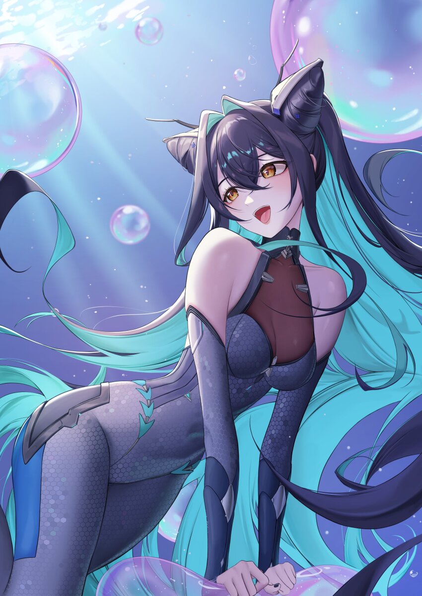 1girl absurdres accessories aqua_hair backless_bodysuit bare_shoulders black_bodysuit black_hair bodysuit breasts bubble cleavage colored_inner_hair folded_hair gani1127 gloves goddess_of_victory:_nikke hair_intakes halterneck hexagon_print highres honeycomb_(pattern) honeycomb_print little_mermaid_(nikke) long_hair multicolored_hair see-through_bodysuit see-through_cleavage see-through_clothes smile solo twintails very_long_hair yellow_eyes