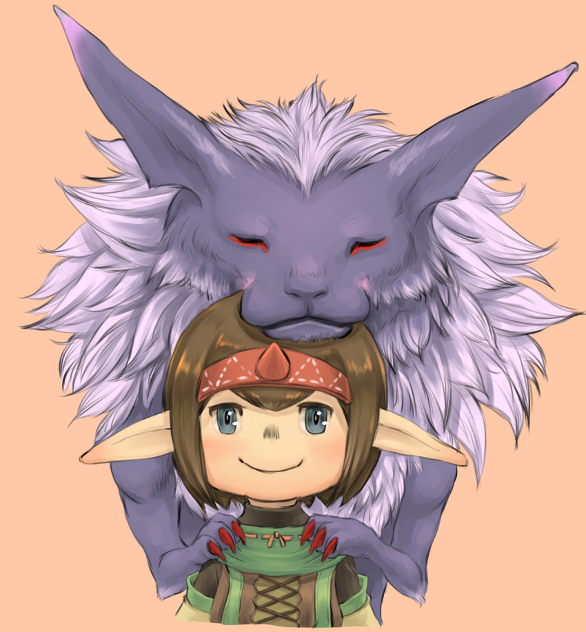 1boy adventurer_(ff11) blue_eyes brown_hair cactus41747280 closed_mouth cross-laced_clothes detached_sleeves fenrir_(final_fantasy) final_fantasy final_fantasy_xi hairband highres horns long_pointy_ears looking_at_viewer orange_background orange_ribbon pointy_ears red_hairband red_horns ribbon ribbon_trim short_hair simple_background single_horn smile solo summoner_(final_fantasy) tarutaru wolf yellow_pupils yellow_sleeves
