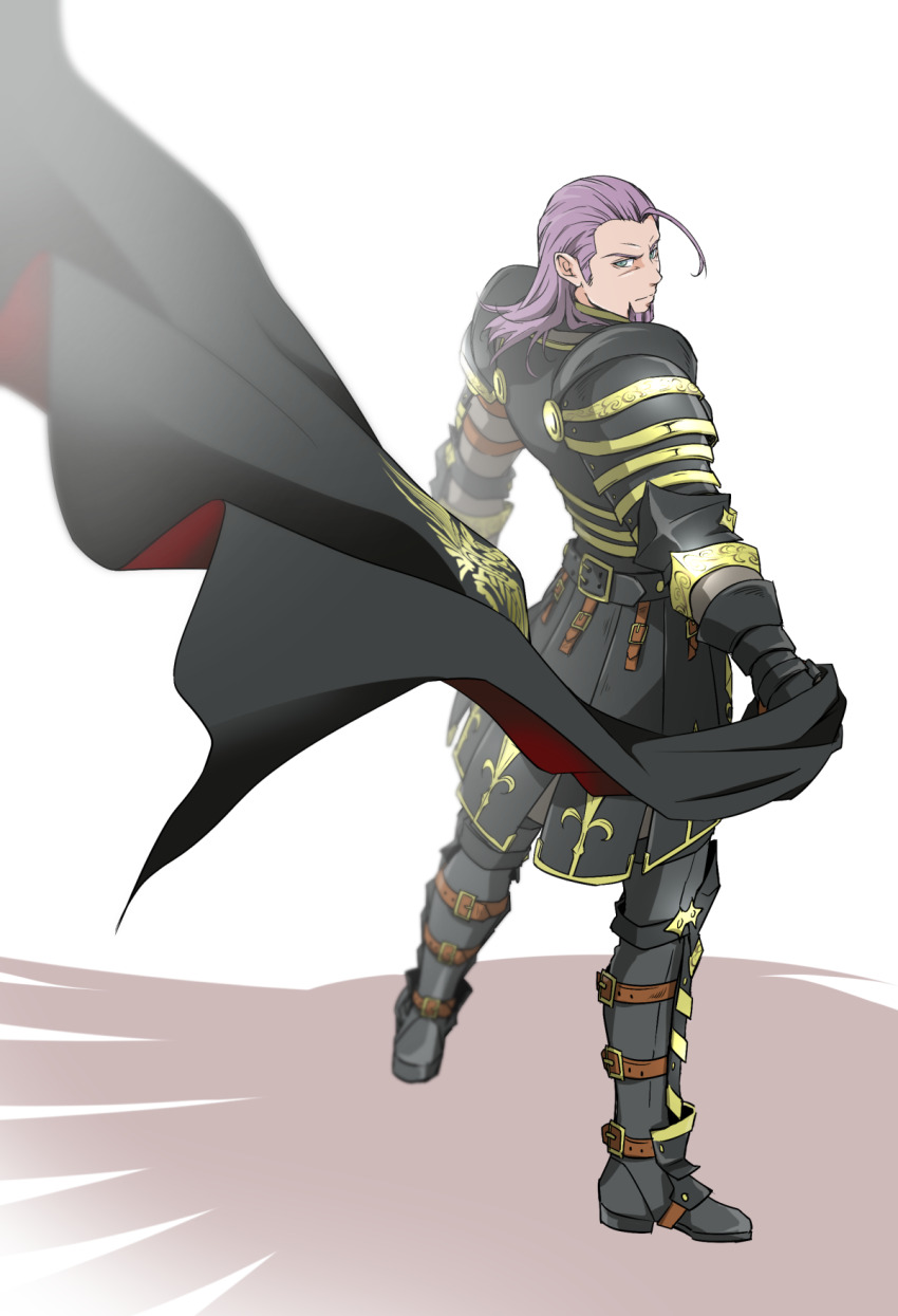 1boy aqua_eyes armor black_armor black_cape cape commentary dragon_quest dragon_quest_xi facial_hair from_above full_body gold_trim greaves greig_(dq11) hair_slicked_back highres holding holding_unworn_cape holding_unworn_clothes knight long_hair looking_at_viewer looking_back looking_up male_focus mature_male myukom purple_facial_hair purple_hair red_cape rerebrace single_bang soldier solo two-sided_cape two-sided_fabric unworn_cape vambraces