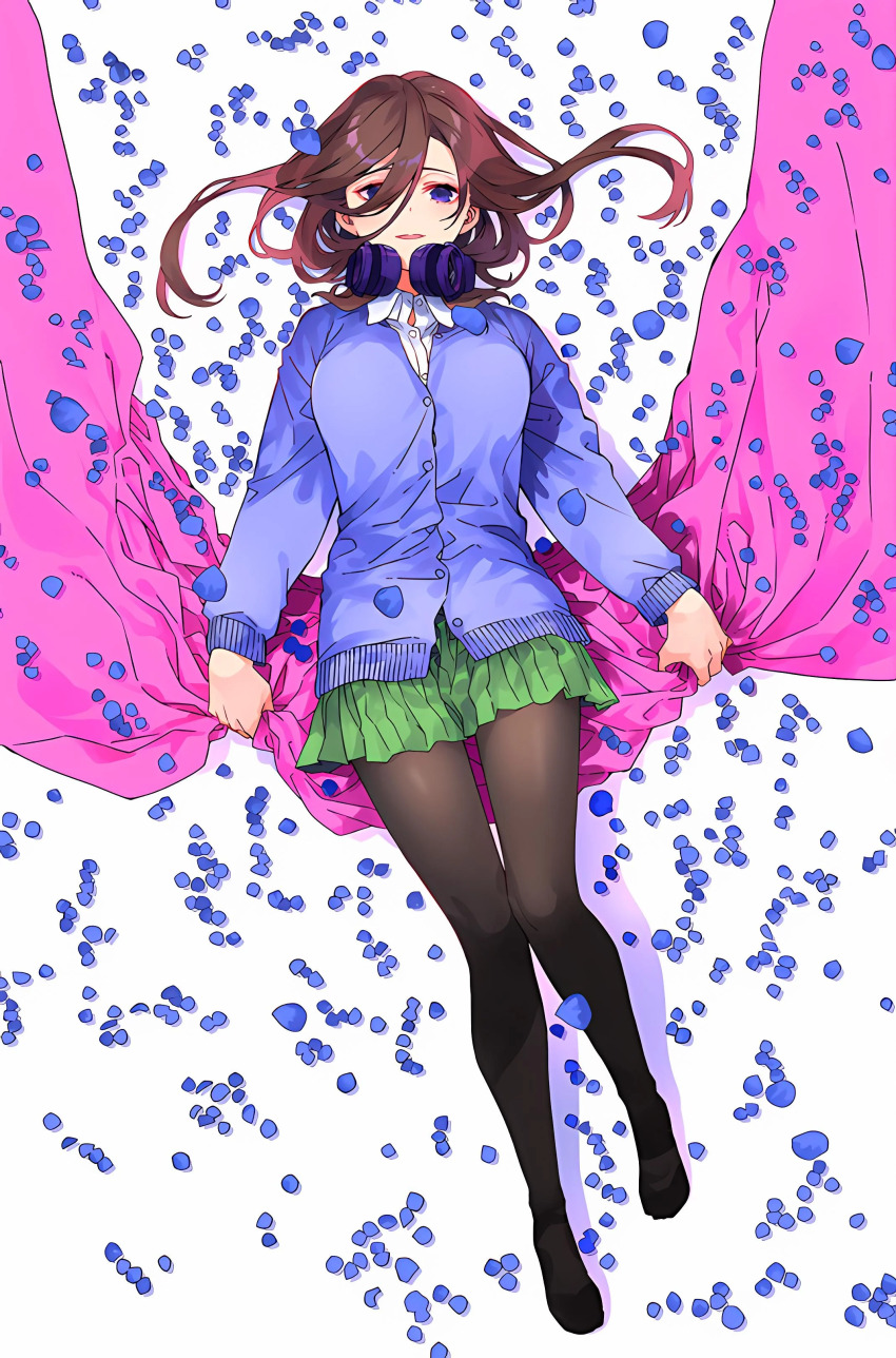 absurdres black_pantyhose blue_petals blue_sweater blue_sweater_vest blue_vest breasts brown_hair cloak collar dot_nose full_body go-toubun_no_hanayome grabbing_clothes green_skirt hair_between_eyes haruba_negi headphones headphones_around_neck highres large_breasts legs long_hair long_sleeves looking_back lying miniskirt nakano_miku official_art on_back open_clothes pantyhose petals pink_cloak pleated_skirt purple_eyes shirt simple_background skirt sweater sweater_vest thighs vest white_background white_shirt