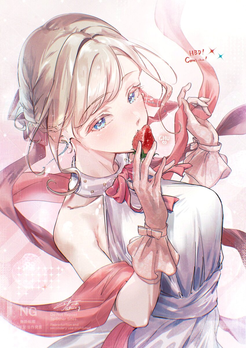 1girl absurdres bare_shoulders blue_eyes braid breasts ceras_yanagida_lilienfeld ceras_yanagida_lilienfeld_(16th_birthday) character_name commentary dress food fruit grey_hair happy_birthday highres holding holding_food holding_fruit kuzia_(atarayo) large_breasts link!_like!_love_live! looking_at_viewer love_live! official_alternate_costume short_hair side_braids sidelocks sleeveless sleeveless_dress solo strawberry symbol-only_commentary upper_body virtual_youtuber watermark white_dress