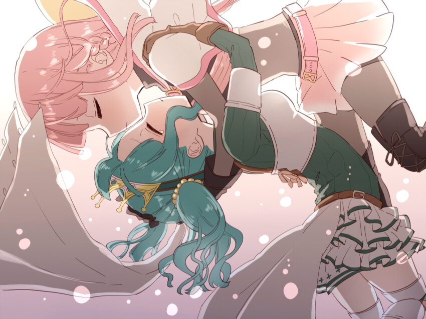 2girls armor armored_boots beads belt black_footwear black_gloves black_shirt black_shorts blunt_bangs bodystocking boots breastplate brown_belt brown_gloves cloak closed_eyes closed_mouth cowboy_shot crop_top crown crying fold-over_gloves frilled_skirt frills from_side futaba_sana gloves green_sweater hair_beads hair_ornament hand_on_another&#039;s_head hand_on_another&#039;s_shoulder highres hood hood_down hooded_cloak hug long_hair magia_record:_mahou_shoujo_madoka_magica_gaiden magical_girl mahou_shoujo_madoka_magica medium_hair miniskirt multiple_girls pink_belt pink_hair pink_skirt pleated_skirt profile ribbed_sweater sakishima_yui shirt shorts shorts_under_skirt sidelocks skirt sweater tamaki_iroha thigh_boots turtleneck turtleneck_crop_top turtleneck_sweater twintails veil waist_cape wavy_hair white_cloak white_skirt