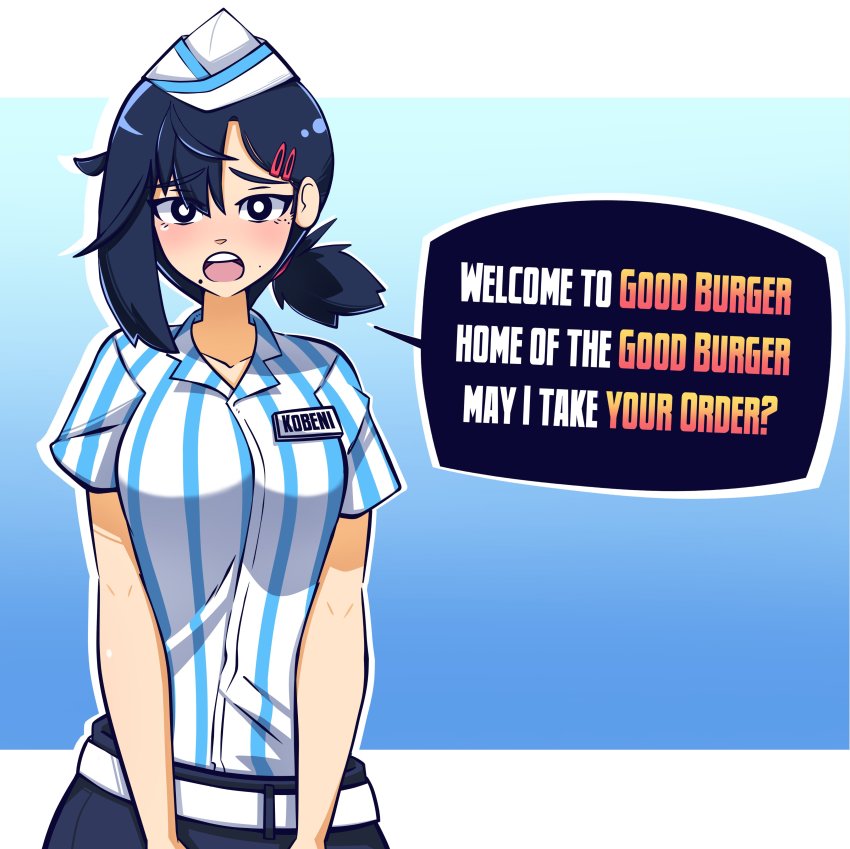 1girl 3rf absurdres asymmetrical_hair belt black_eyes black_hair blouse blush breasts chainsaw_man commentary employee_uniform english_commentary english_text fast_food_uniform garrison_cap good_burger hair_ornament hairclip hat higashiyama_kobeni highres medium_breasts mole mole_under_mouth name_tag parody ponytail shirt short_hair short_ponytail short_sleeves side_ponytail solo speech_bubble striped_clothes striped_shirt teeth upper_body upper_teeth_only v_arms