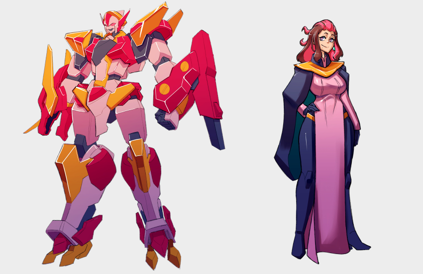 bangs_pinned_back black_gloves boots breasts brown_hair clenched_hand commentary cosmikaizer english_commentary gloves grey_background hand_on_own_hip high_heel_boots high_heels highres large_breasts mecha mole mole_under_mouth multicolored_hair original pilot_suit pink_eyes robot science_fiction smile trung_trac two-tone_hair