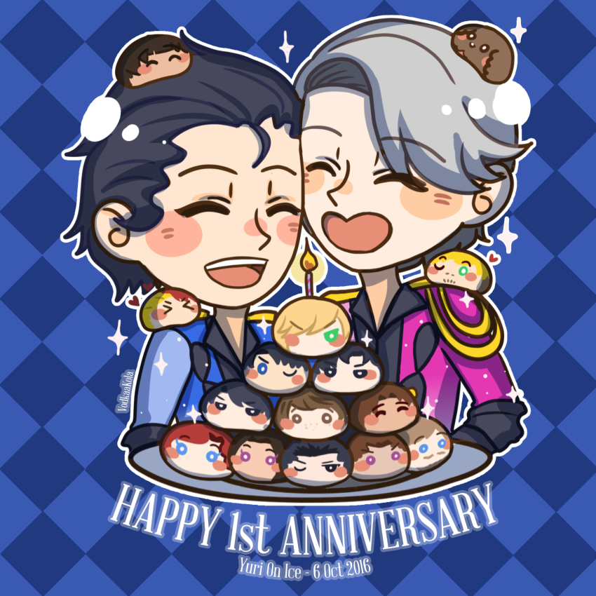 &gt;_&lt; 2boys ^_^ anniversary black_hair blush_stickers candle character_doll checkered_background christophe_giacometti closed_eyes copyright_name dated doll emil_nekola english_text georgi_popovich hair_slicked_back highres intan_putri_pratiwi jean-jacques_leroy ji_guang-hong katsuki_yuuri lee_seung-gil leo_de_la_iglesia makkachin male_focus merchandise michele_crispino mila_babicheva minami_kenjirou multiple_boys omanjuu_mascot open_mouth otabek_altin phichit_chulanont plate sara_crispino silver_hair smile sparkle viktor_nikiforov yuri!!!_on_ice yuri_plisetsky