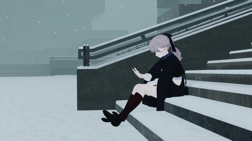 1girl black_ribbon black_socks blade_runner_2049 coat goslingposting_(meme) gvstabot hair_ribbon highres k_(blade_runner_2049) lapwing_(vrchat) long_hair meme ponytail ribbon ryan_gosling shoes sitting sitting_on_stairs snowing socks solo stairs turtleneck vrchat