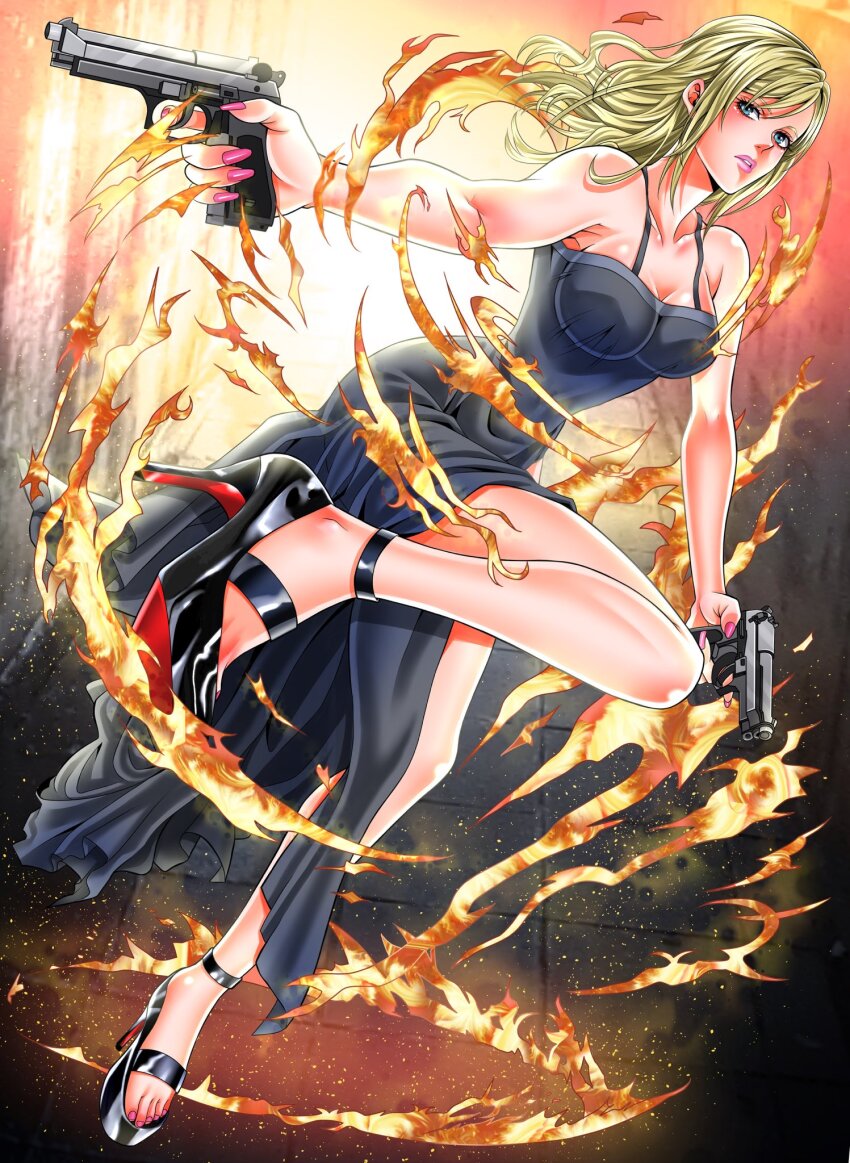 1girl aya_brea beretta_92 black_dress blonde_hair blue_eyes breasts cleavage dress fire full_body gun handgun high_heels highres lipstick long_hair makeup nail_polish parasite_eve_(series) parasite_eve_i solo tamari_(flawless) toenail_polish toenails weapon