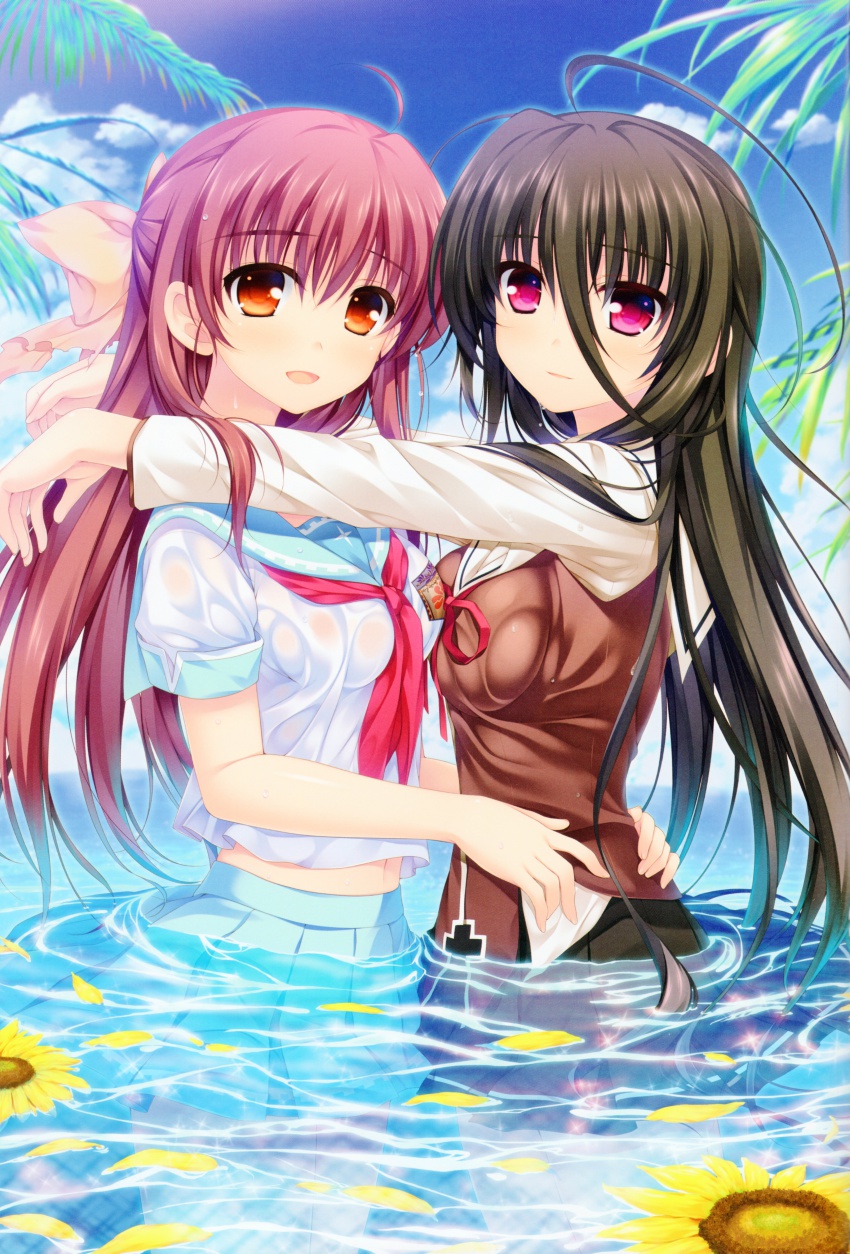2girls :d absurdres ahoge alpha_(yukai_na_nakamatachi) brown_hair cloud day flower g-senjou_no_maou hair_between_eyes highres hinata_natsumi_(sharin_no_kuni) hug multiple_girls open_mouth orange_eyes outdoors partially_submerged petals pink_eyes pink_hair ribbon scan school_uniform see-through_clothes sharin_no_kuni sharin_no_kuni_himawari_no_shoujo sky smile sunflower tree usami_haru water wet wet_clothes