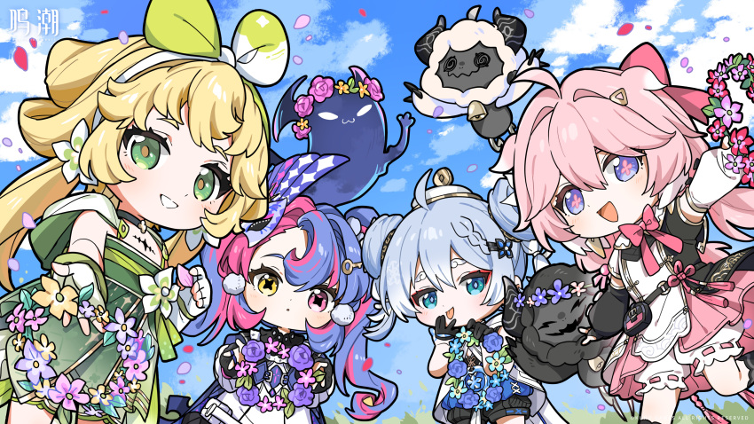 4girls absurdres ahoge blonde_hair blue_eyes blue_hair blue_sky bow chinese_commentary cloudy_(wuthering_waves) commentary_request cosmos_(wuthering_waves) day dress encore_(wuthering_waves) fingerless_gloves gloves green_dress green_eyes hair_between_eyes hair_bow heterochromia highres long_hair looking_at_viewer multiple_girls official_art outdoors pink_bow pink_eyes pink_hair roccia_(wuthering_waves) sky smile tacet_mark_(wuthering_waves) twintails verina_(wuthering_waves) white_gloves wuthering_waves yellow_eyes youhu_(wuthering_waves)