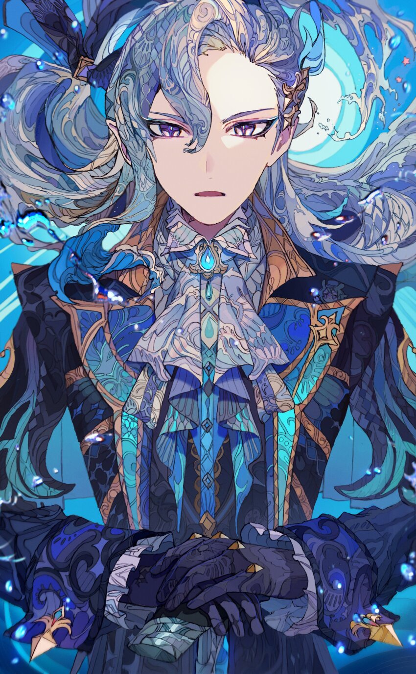 1boy absurdres ascot black_gloves black_jacket blue_brooch blue_gemstone blue_hair blurry blurry_edges brooch cane commentary depth_of_field feather_hair_ornament feathers frilled_sleeves frills gem genshin_impact gloves hair_between_eyes hair_ornament highres holding holding_cane jacket jewelry long_hair long_sleeves looking_at_viewer male_focus neuvillette_(genshin_impact) open_mouth own_hands_together patterned_clothing patterned_hair pointy_ears purple_eyes sleeve_cuffs solo star_(symbol) upper_body water water_drop waves white_ascot yadu_nadu