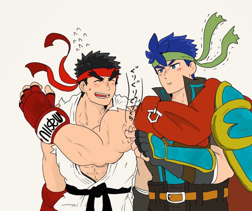 2boys abs armor black_hair blue_eyes blue_hair cape closed_eyes commentary_request dougi fire_emblem fire_emblem:_radiant_dawn hand_guard headband highres ike_(fire_emblem) male_focus multiple_boys muscular muscular_male nintendo pauldrons red_cape ryu_(street_fighter) short_hair shoulder_armor simple_background single_pauldron street_fighter super_smash_bros. torn_clothes torn_sleeves white_background ya_tudoki15