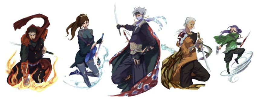 1990s_(style) 1girl 4boys beard brown_hair dagger edward_geraldine facial_hair final_fantasy final_fantasy_iv final_fantasy_iv:_the_after_years fingerless_gloves fire gekkou gloves grey_hair headband highres izayoi knife long_hair multiple_boys ninja ponytail purple_hair retro_artstyle scarf short_hair skin_tight sword tsukinowa_(ff4) water weapon wind zangetsu_(ff4) zdj
