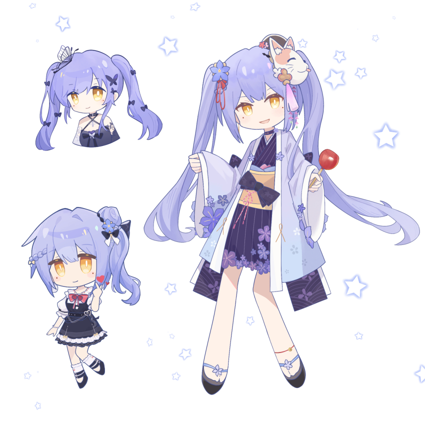 1girl azusa_(vtuber) virtuareal_link blue_hair bug butterfly chibi chibi_only dress flower food fox_mask hair_flower hair_ornament hair_ribbon happi heart highres holding holding_food insect japanese_clothes kimono mask mask_on_head multiple_views nijisanji official_alternate_costume pinafore_dress red_ribbon ribbon sleeveless sleeveless_dress socks teardrop_facial_mark virtual_youtuber virtuareal wallflowerf white_socks yellow_eyes