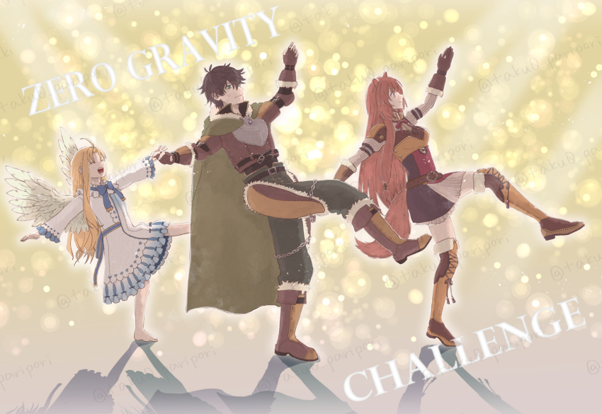 1boy 2girls :d abstract_background ahoge animal_ears arm_up armor armored_gloves artist_name barefoot black_dress black_hair black_shirt blonde_hair blue_dress boots breastplate breasts brown_boots brown_gloves brown_hair chain cloak closed_eyes collared_dress collared_shirt commentary_request dress elbow_gloves expressionless feathered_wings filo_(tate_no_yuusha_no_nariagari) fingerless_gloves flat_chest full_body fur-trimmed_armor fur-trimmed_boots fur-trimmed_cloak fur-trimmed_gloves fur_trim gloves green_eyes green_pants hair_between_eyes high_collar highres holding_hands iwatani_naofumi knee_boots layered_dress layered_shirt leather_armor leather_shirt leg_up light_smile long_hair long_sleeves medium_breasts messy metal_hair_tubes multiple_girls neck_ribbon open_mouth pants pauldrons raccoon_ears raccoon_girl raccoon_tail raphtalia red_dress red_eyes red_ribbon ribbon shirt short_dress shoulder_armor signature single_pauldron sleeveless sleeveless_dress smile standing standing_on_one_leg striped_clothes striped_dress sweatdrop tail taku0_paripori tassets tate_no_yuusha_no_nariagari teeth thigh_boots twitter_username two-tone_dress vertical-striped_clothes vertical-striped_dress white_dress white_wings wings yellow_background