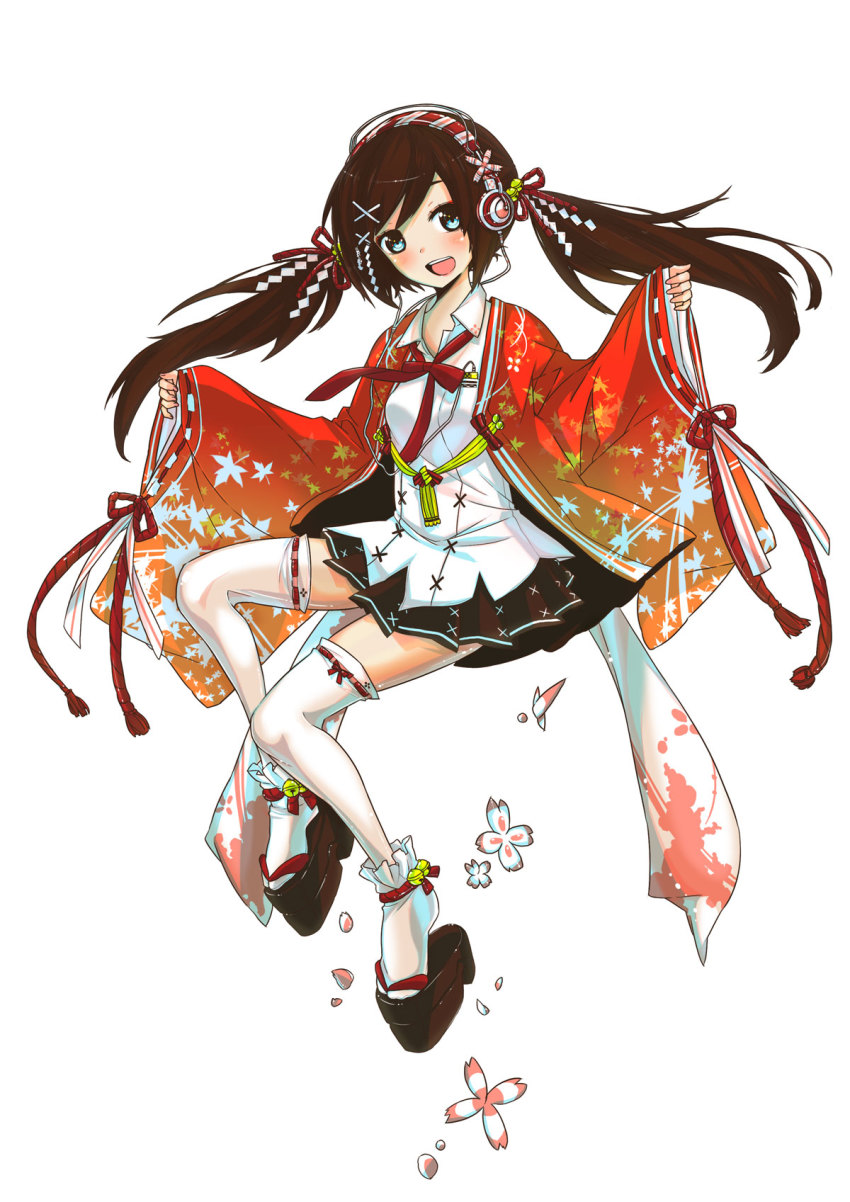 1girl brown_hair digital_media_player female_focus hair_ornament hairclip headphones highres ipod japanese_clothes necktie original platform_clogs skirt solo thighhighs tokiti twintails