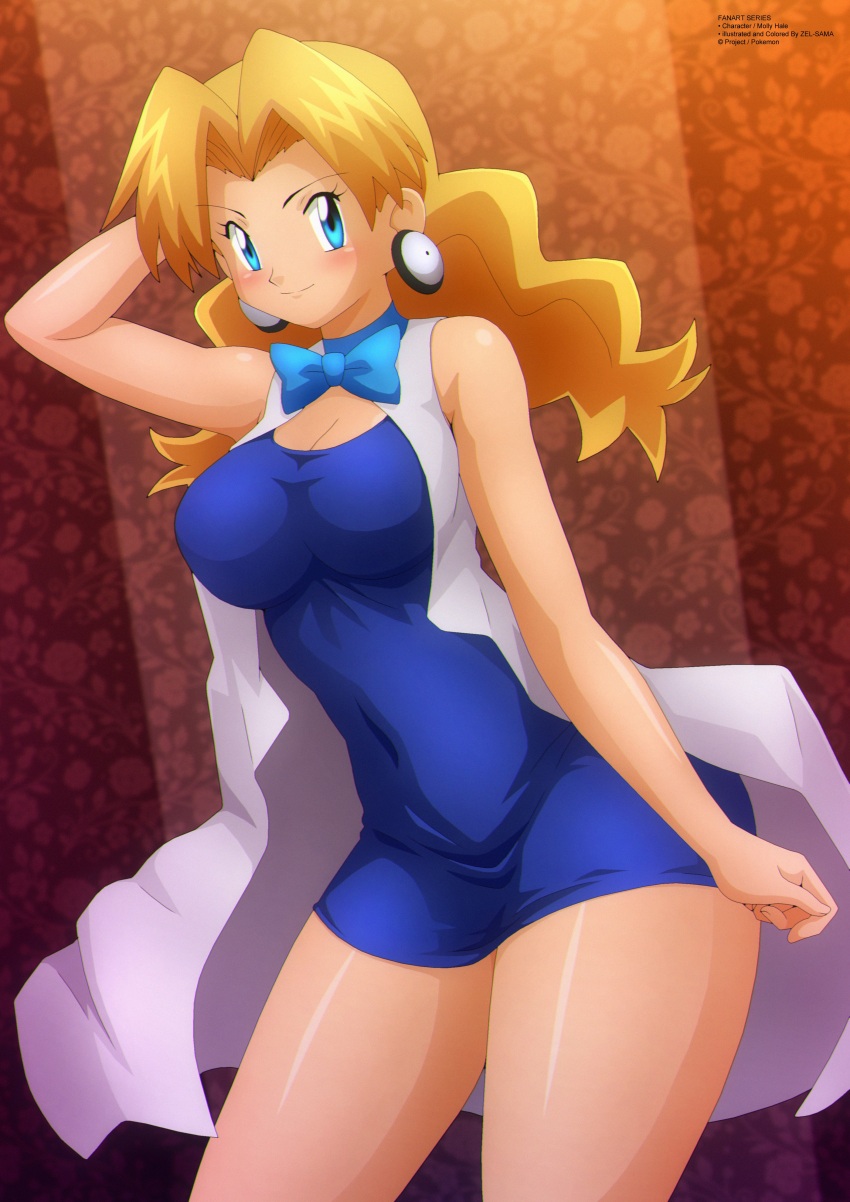 1girl absurdres arm_behind_head arm_up blonde_hair blue_bow blue_bowtie blue_dress blue_eyes blush bow bowtie breasts cleavage dress earrings highres jacket jewelry large_breasts long_hair looking_at_viewer molly_hale nintendo open_clothes open_jacket pokemon pokemon_(anime) pokemon_(classic_anime) pokemon_3:_the_movie_-_spell_of_the_unown:_entei sleeveless sleeveless_dress sleeveless_jacket smile standing white_jacket zel-sama