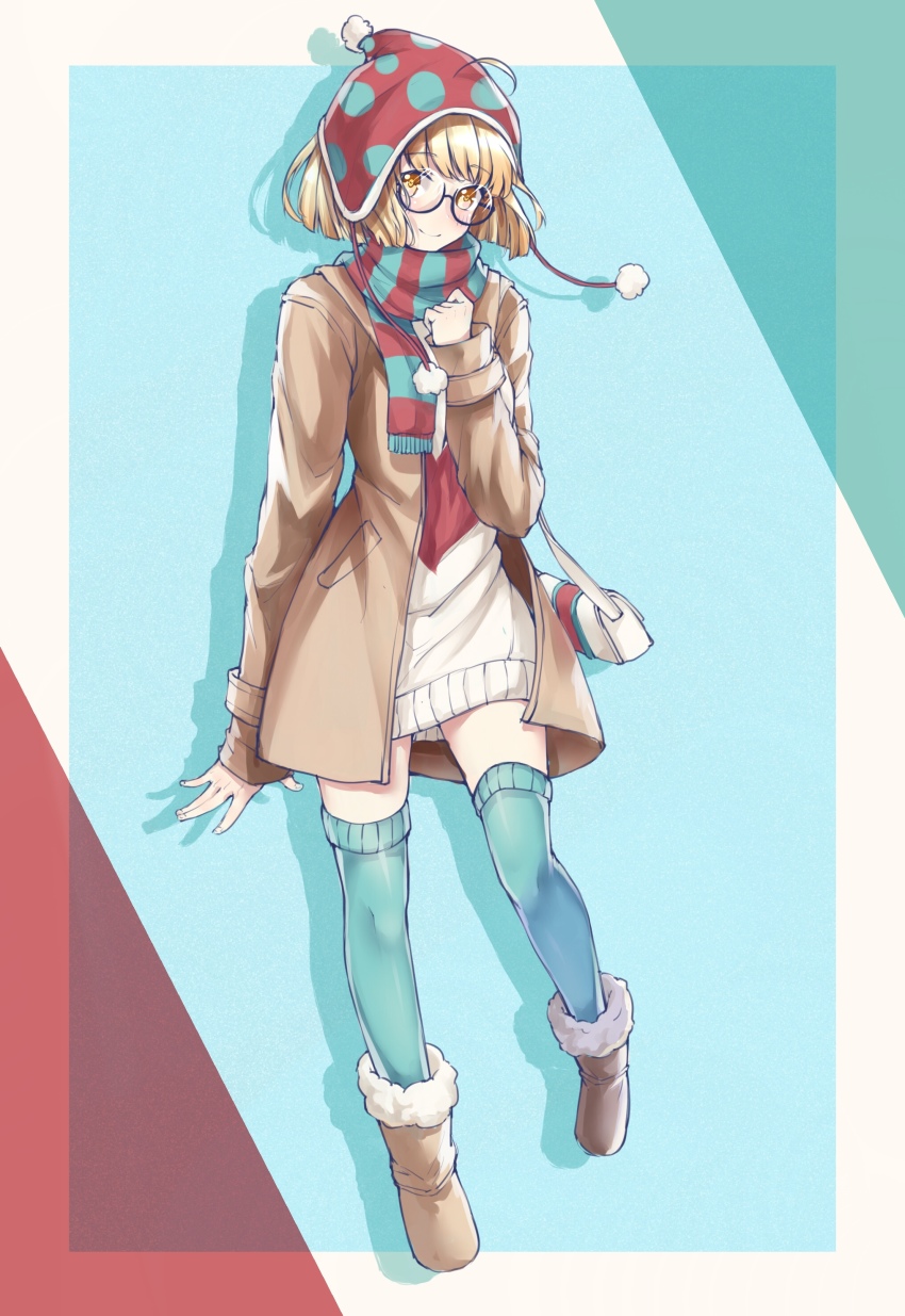 1girl absurdres ahoge alternate_costume bag black-framed_eyewear blonde_hair boots brown_boots brown_coat clenched_hand closed_eyes coat cyta_celest dress female_focus full_body fur_boots glasses green_thighhighs hand_on_own_chest hat highres leg_warmers legs_apart looking_at_viewer multicolored_hat multicolored_scarf open_clothes open_coat open_hand pom_pom_(clothes) rectangle round_eyewear scarf semi-rimless_eyewear shadow short_hair shoulder_bag simple_background smile solo sparviero_(zhan_jian_shao_nyu) standing striped_clothes striped_scarf sweater sweater_dress thighhighs triangle ugg_boots warship_girls_r white_sweater yellow_eyes