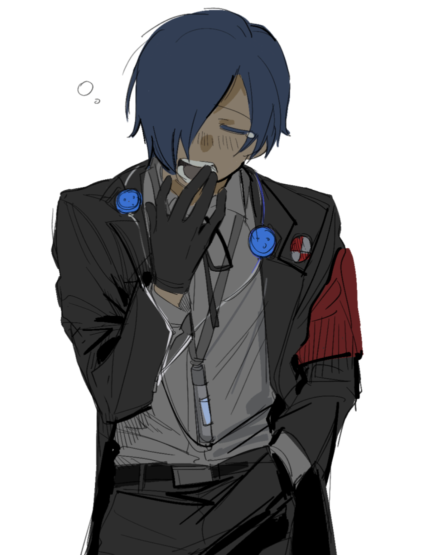 192_saioma 1boy armband black_gloves black_pants blush closed_eyes gekkoukan_high_school_uniform gloves hair_over_one_eye hand_in_pocket headphones headphones_around_neck highres jacket male_focus open_clothes open_jacket open_mouth pants persona persona_3 s.e.e.s school_uniform shirt short_hair solo teardrop teeth upper_body white_background white_shirt yawning yuuki_makoto_(persona_3)