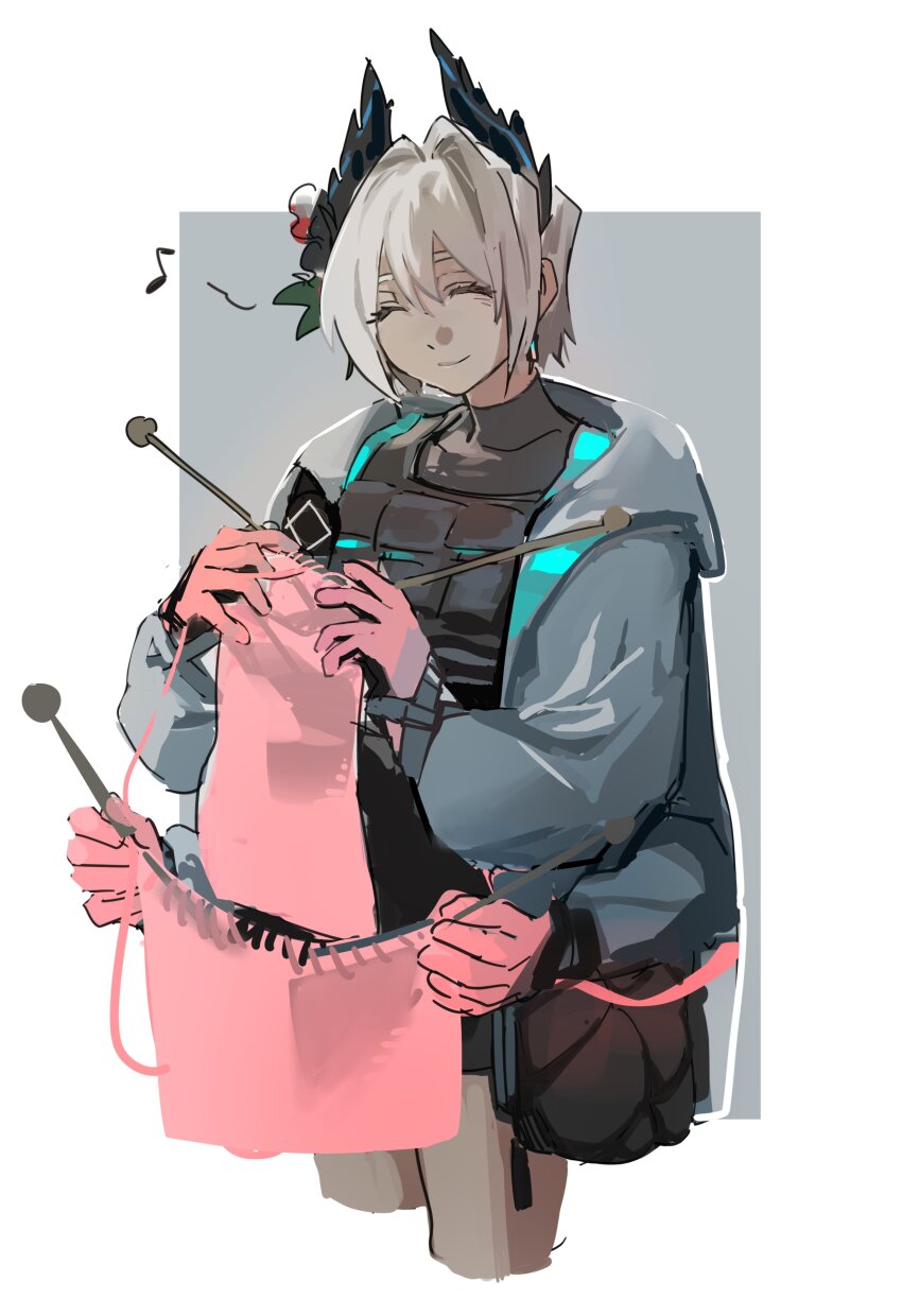 1girl absurdres arknights black_coat closed_eyes coat dark-skinned_female dark_skin extra_arms flower flower_on_head gloves grey_hair highres knitting knitting_needle needle pink_gloves raidian_(arknights) short_hair smile yaneko_002 yarn