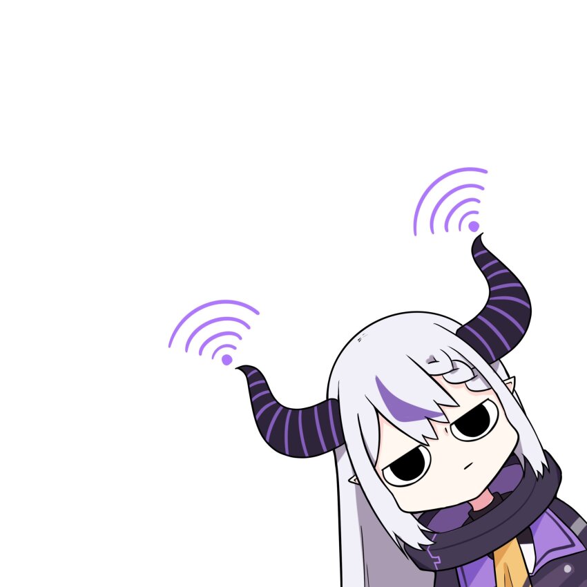 1girl black_dress braid braided_bangs closed_mouth commentary demon_horns dress fong_(fongthe0125) grey_hair hashtag-only_commentary highres hololive horns la+_darknesss la+_darknesss_(1st_costume) long_hair multicolored_hair pointy_ears purple_hair simple_background solo streaked_hair upper_body virtual_youtuber white_background wi-fi_symbol
