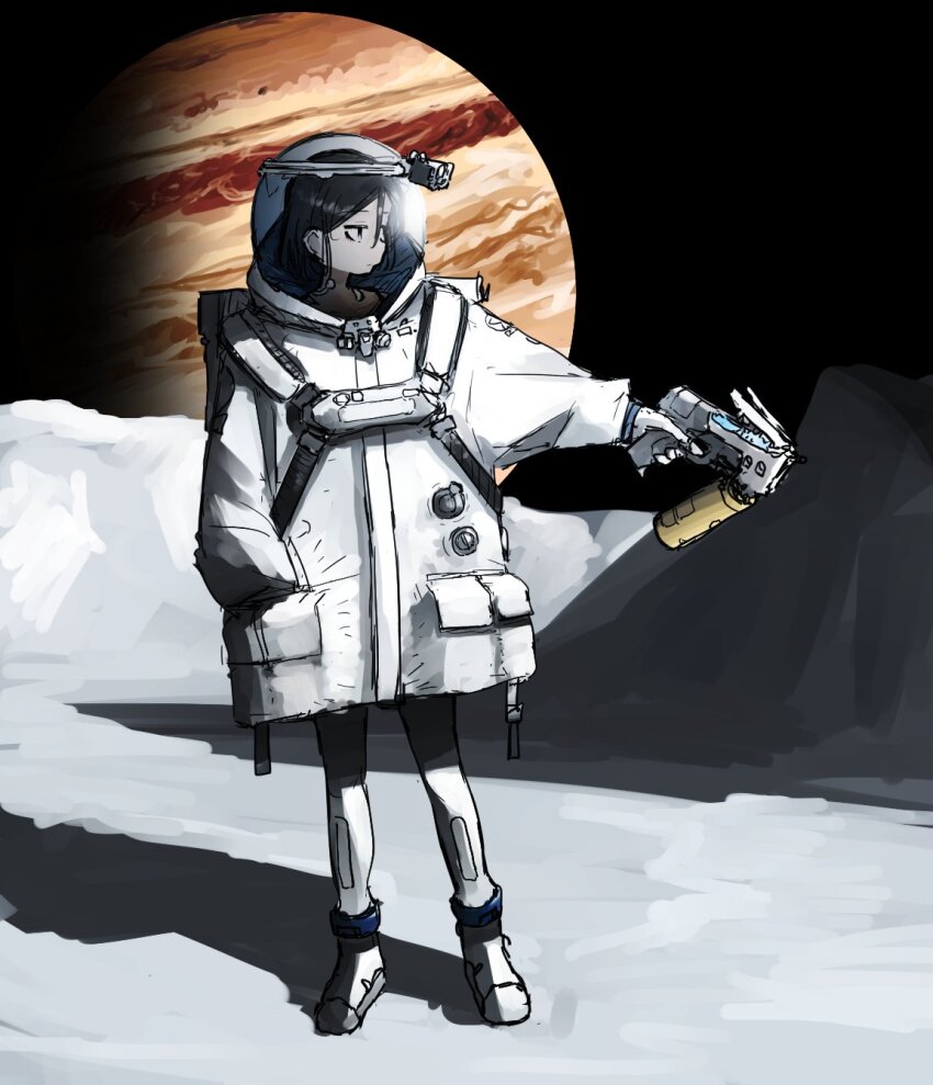 1girl action_camera backpack bag black_hair black_sky canister chest_harness coat commentary_request doroni_max expressionless full_body gun hair_between_eyes hand_in_pocket handgun harness helmet highres holding holding_gun holding_weapon jitome jupiter_(planet) leggings looking_away looking_to_the_side original science_fiction shadow short_hair sky solo space space_helmet spacesuit video_camera weapon white_coat white_leggings