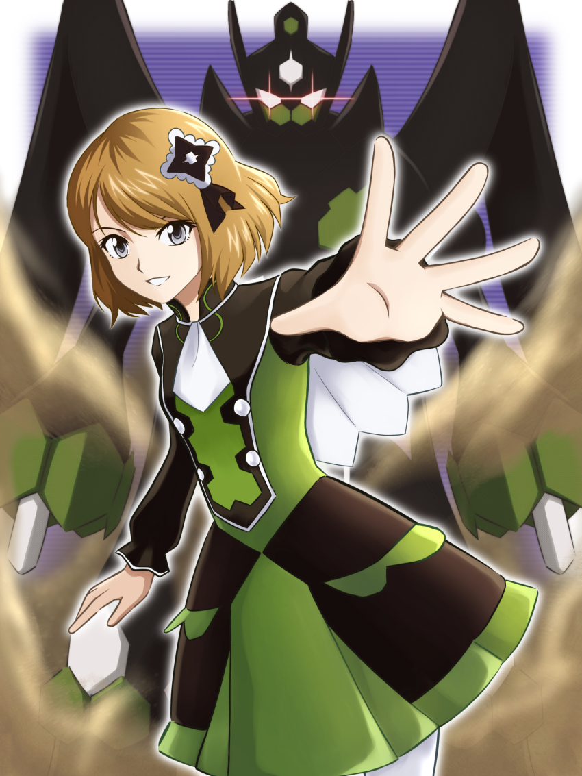 1girl absurdres ascot blonde_hair capelet commentary_request dress eyelashes gen_6_pokemon grey_eyes grin hair_ornament highres legendary_pokemon long_sleeves nintendo official_alternate_costume outstretched_arm pantyhose pokemon pokemon_(creature) pokemon_masters_ex serena_(pokemon) serena_(sygna_suit)_(pokemon) sherufu_(natashelves) short_hair smile spread_fingers teeth white_ascot white_capelet white_pantyhose zygarde zygarde_(complete)