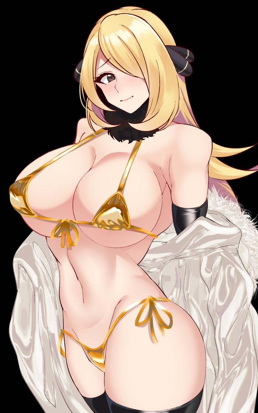 1girl bikini black_collar black_thighhighs blonde_hair breasts cleavage cloak collar cowboy_shot cynthia_(pokemon) fur_collar gold_bikini grey_eyes hair_ornament hair_over_one_eye highres large_breasts long_hair navel nintendo pokemon pokemon_dppt side-tie_bikini_bottom smile solo swimsuit thighhighs very_long_hair volyz wavy_hair white_cloak