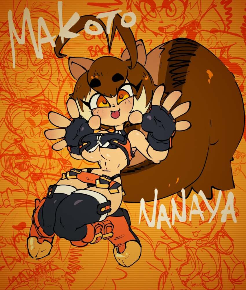 1girl :p animal_ears blazblue breasts brown_eyes brown_hair crop_top fingerless_gloves gloves jellot large_breasts makoto_nanaya microskirt short_hair skirt sleeveless squirrel_ears squirrel_tail tail tongue tongue_out underboob wide_hips