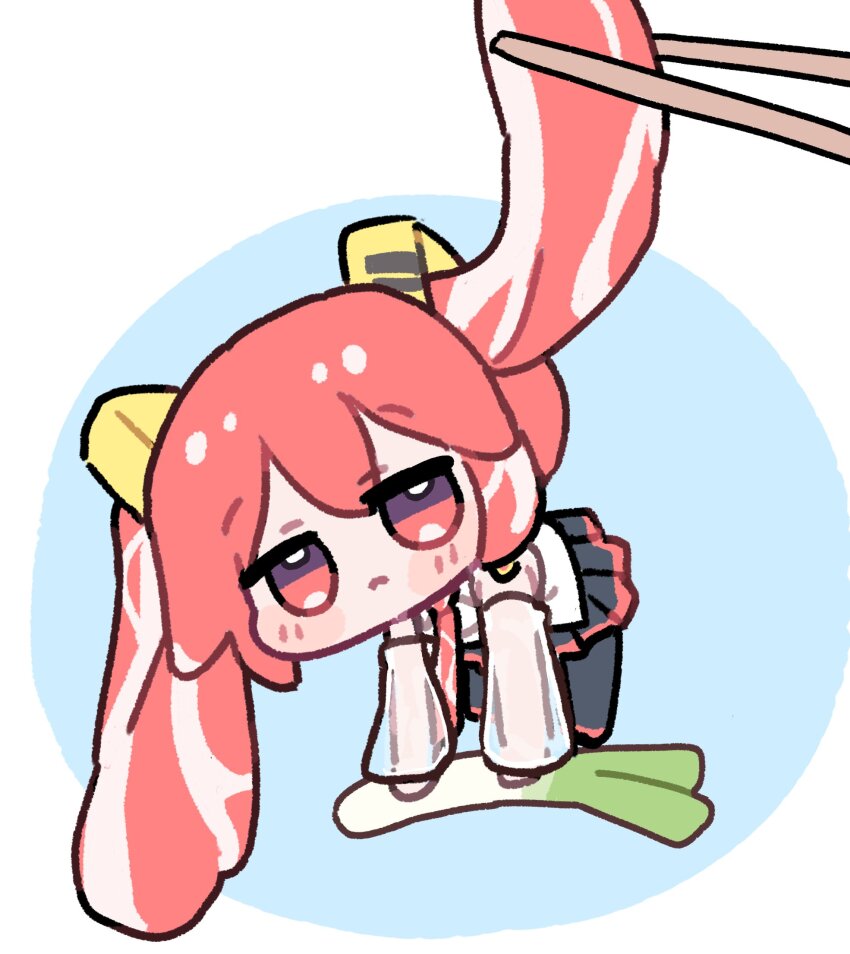 1girl blush chibi chopsticks detached_sleeves food food-themed_clothes food-themed_hair hair_ornament hatsune_miku highres holding holding_chopsticks holding_food holding_with_chopsticks jitome long_hair looking_at_viewer miratsu_(miratsu169) necktie niku_miku_(nankai) raw_meat red_eyes red_hair see-through_clothes see-through_sleeves skirt solo spring_onion twintails very_long_hair vocaloid